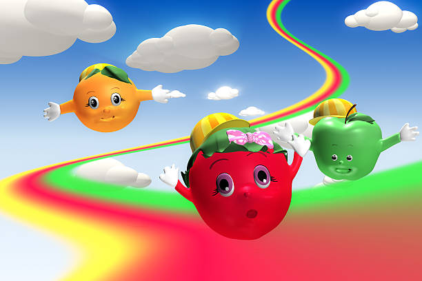 3d rendering of  strawberry, orange and green apple characters flying with rainbow