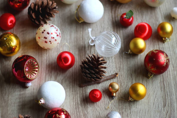 Red, Gold and White Christmas Ornaments stock photo