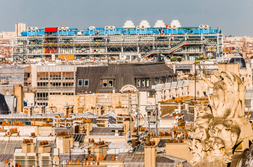 aerial view of beaubourg area with the pompidou center museum cityscape of Paris in france
