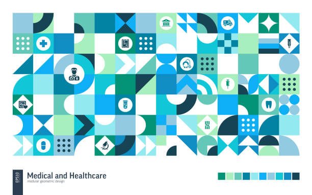 Healthcare Geometric Retro Pattern. Color Medical Care Abstract Shape Background. Vector Art. Health Poster, Clinic Banner, Cover. Triangle, Square, Circle Forms. Doctor, nurse, patient treatment icon