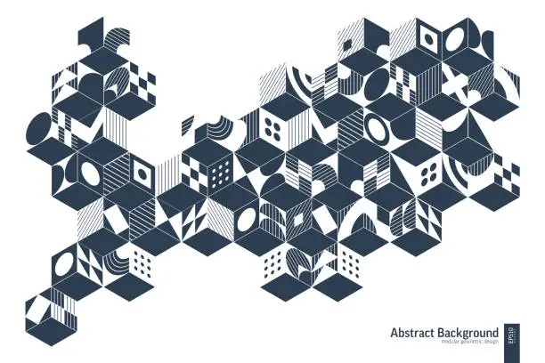 Vector illustration of Simple Isometric Seamless Pattern. Line Geometric Abstract Background, Cube, 3d Box, Square and Hexagon Shape Grid. Architecture Graphic Design.