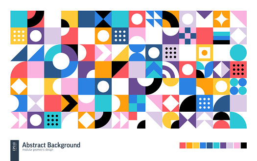 Geometric Retro Pattern. Color Abstract Shape Background. Graphic Design Elements Set. Modern Bauhaus Vector Art. Corporate Poster, Banner, Cover. Triangle, Square, Circle Forms. Module Grid Construct
