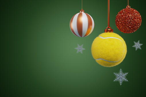 Christmas tree decoration sports tennis ball hanging. 3D rendering