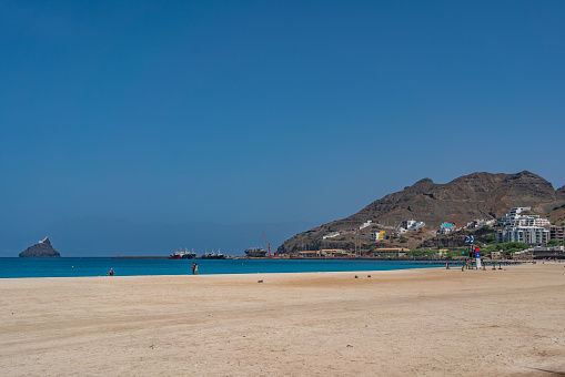 View of turquoise Laginha beach in Mindelo city in Sao Vicente Island in Cape Verde