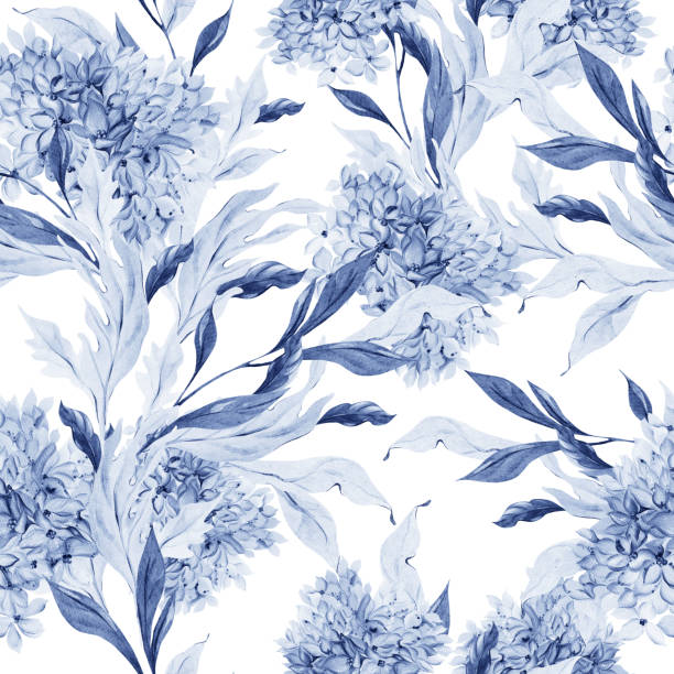 illustrazioni stock, clip art, cartoni animati e icone di tendenza di modello senza soluzione di continuità dell'acquerello di nozze con foglie e fiori di ortensia. - ortensia