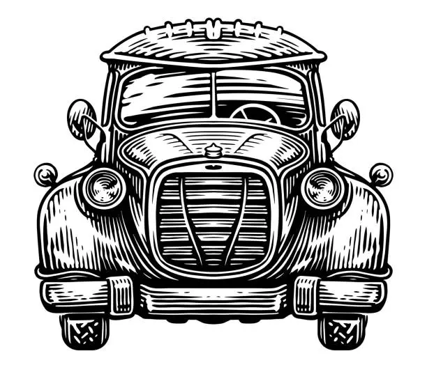 Vector illustration of Hand drawn front view of a retro car in black and white style. Vintage transport, sketch vector illustration