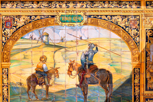 Tile art in Plaza de Espana, Sevilla, Spain. Ciudad Real theme art with famous Don Quixote.