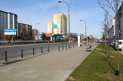 Warsaw, Poland - March 18, 2023: A general view of the buildings on one of the main streets in the Goclaw housing estate in the Praga Poludnie district.