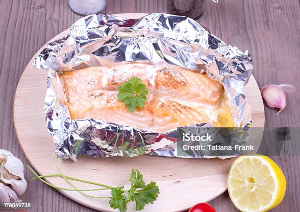 Cooked Salmon A Foil Stock Photo - Download Image Now - Foil - Material, Salmon - Seafood, Fish