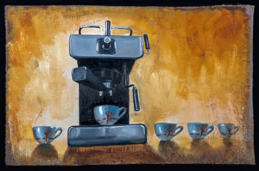 Modern coffee machine with cups painted on canvas with oil paints