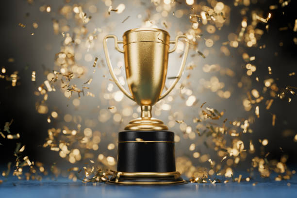 First place in a computer game. Winner's Cup. Achievements. Victory. Goal achievement concept. Best in Class Trophy Award. Top Performance Award. Winner certificate. 3D render. stock photo