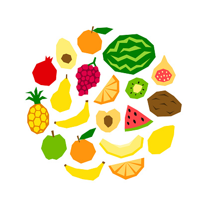 Modern papercraft fruits compose in circle shape. Bio garden crop. Trendy cut out fruits.