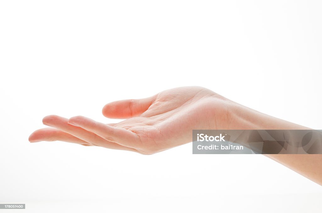 Demanding open hand isolated on white One Hand Open Palm of Hand Stock Photo