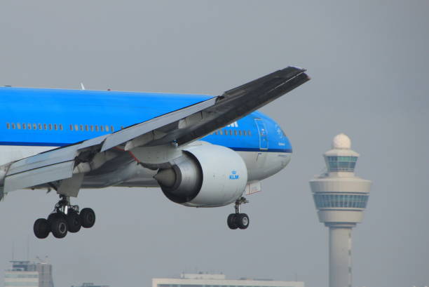 KLM Boeing 777 airplane in short final seconds before take off in Schipol Amsterdam airport, Netherlands