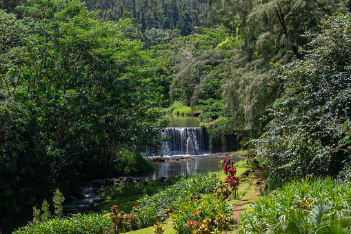 A stone dam with beautiful waterfall in Kauai, Hawaii, United States.