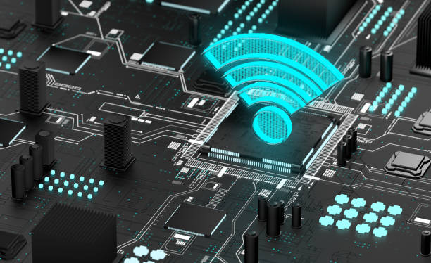 검은 미래 지향적 인 마더 보드 배경에 Wi-Fi 아이콘 스톡 사진