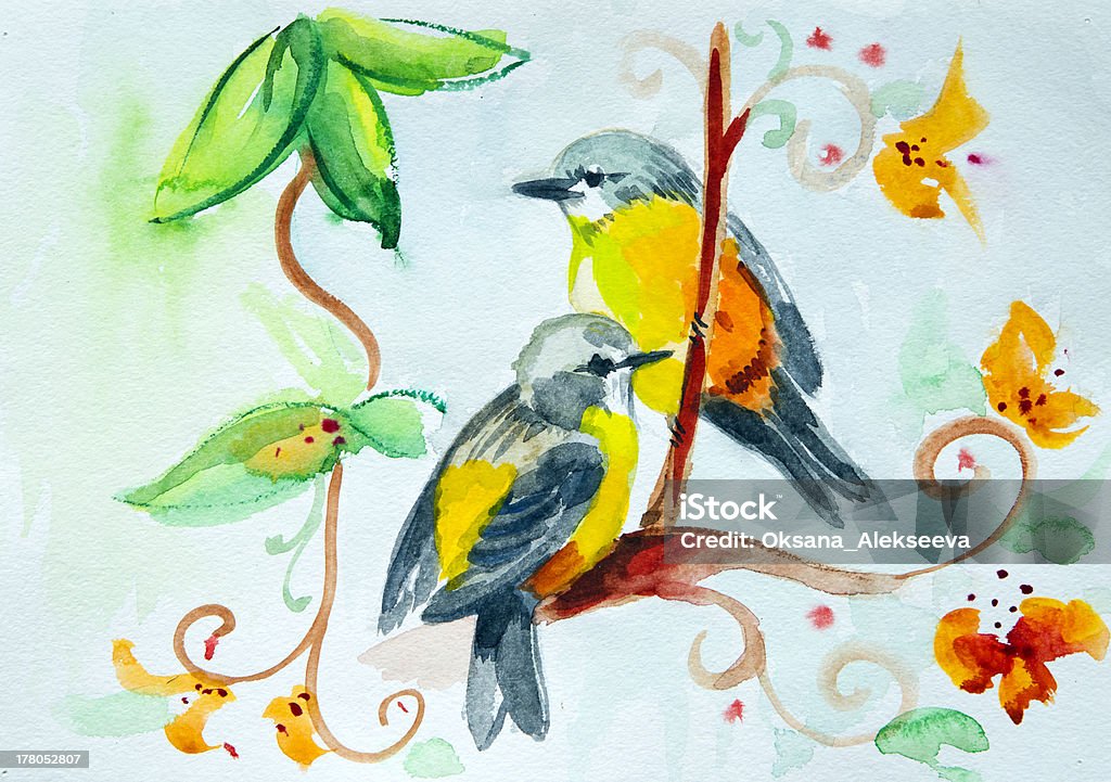 Watercolor drawing of birds on the flowers Animal stock illustration