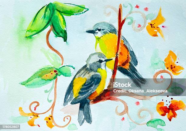 Watercolor Drawing Of Birds On The Flowers Stock Illustration - Download Image Now - Animal, Animal Markings, Animal Wildlife