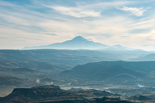 The view of Cappadocia and the mount Erciyes behind.