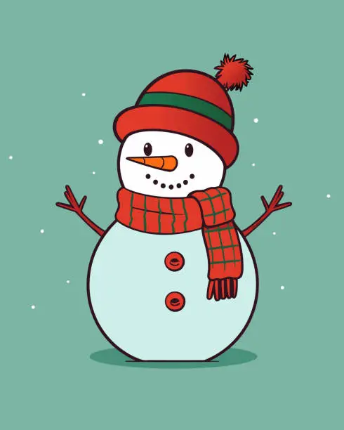 Vector illustration of Cute snowman layered isolated on green background.