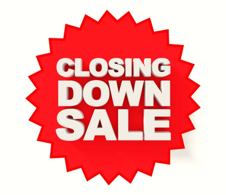 Closing down sale sign, white letters on red star background, 3D render