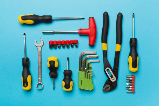 istock Set of tools on color background, top view 1780554203