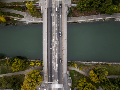 Drone photo of cars driving on a bridge in Vienna.