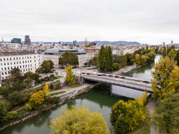 Drone photo of cars driving on a bridge in Vienna.