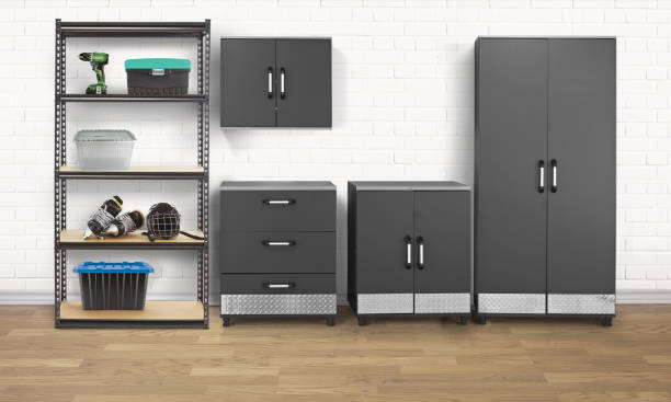 istock Group of tool chest and cabinets in a garage with brick wall 1780562994