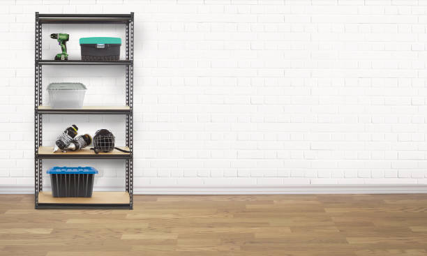 istock Metal rack with shelves in a room with brick wall 1780563156