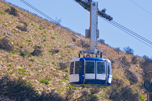 A cable car is seen ascending to Table Mountain National Park in Cape Town, South Africa.  It is a trip that almost all tourists make, to view the city from the top of the mountain. Photo shot in the afternoon sunlight on a clear, cloudless day; horizontal format. No people. Copy space.