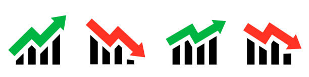 ilustrações de stock, clip art, desenhos animados e ícones de growing bar graph icon set. simple chart increase. progress bar symbol. green and red arrow. - green report business bar graph