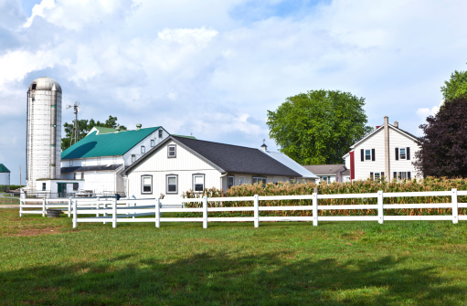 farm house with field and silo in beautiful landscape