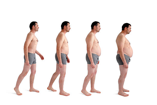 man making incremental weight gain man making incremental weight gain on white background morphing stock pictures, royalty-free photos & images