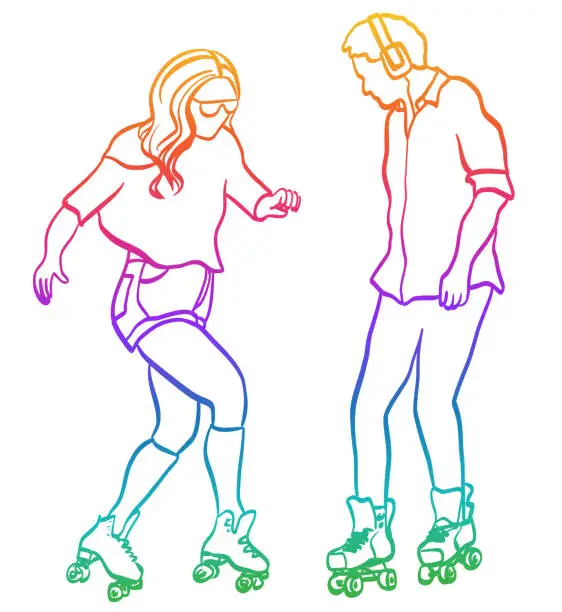 Vector illustration of Roller Skating Couple Rainbow