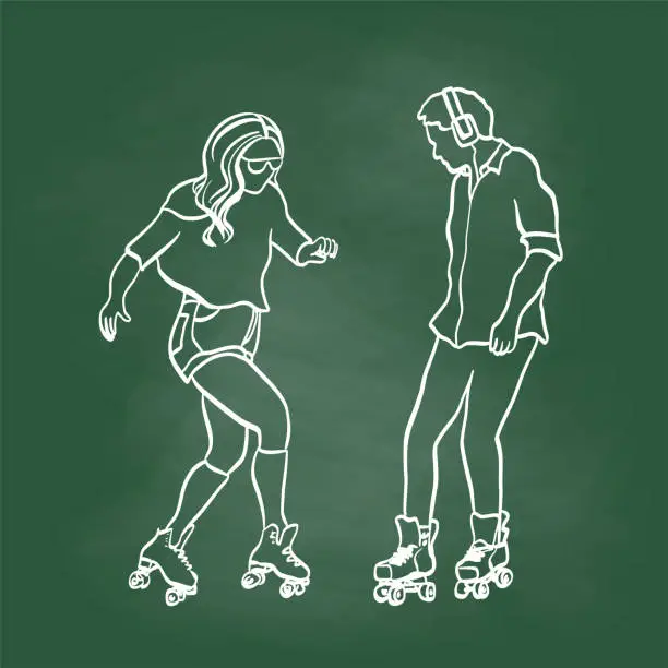 Vector illustration of Roller Skating Couple Chalkboard