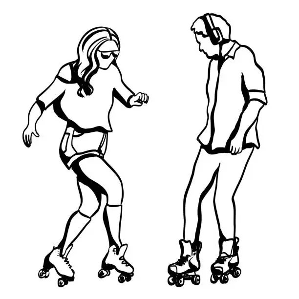Vector illustration of Roller Skating Couple Ink