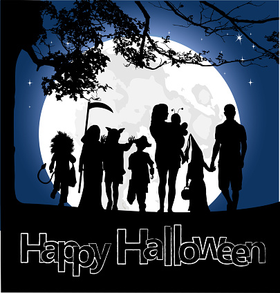 Large group of costumed kids in silhouettes going out in the full moon to trick or trea