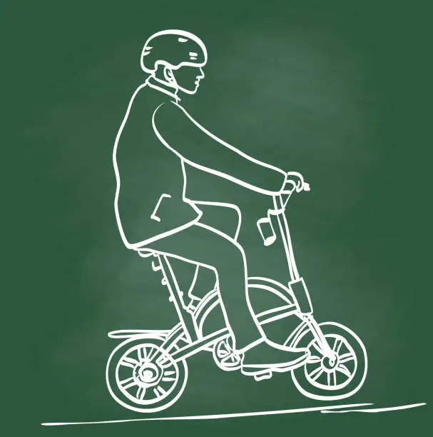 Vector illustration of Riding Foldable Bicycles Blackboard Chalkboard