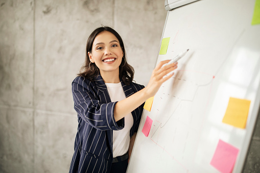 Business Presentation. Successful Young Employee Lady Giving Speech Near Whiteboard, Presenting Work Project For Diverse Team At Corporate Conference Meeting In Modern Office. Selective Focus