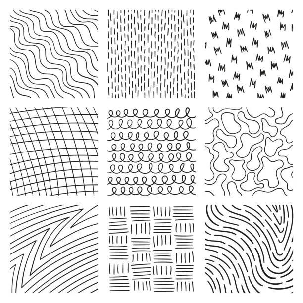 Vector illustration of Lines set in different styles. Stripes, shapes, finger print, scratched.