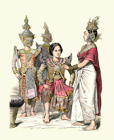 Vintage illustration of Traditional fashions costumes of Thailand, Siam, Thai Actors and actress, 19th Century