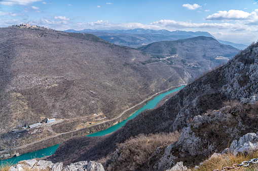 Aerial Look At Two Solkan Bridges Acros Soca Under Mount Sabotin, The mountain of the Peace, Slovenia