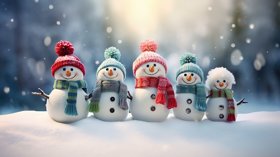 Five miniature snowmen wearing hats and scarves standing in the snow-covered landscape