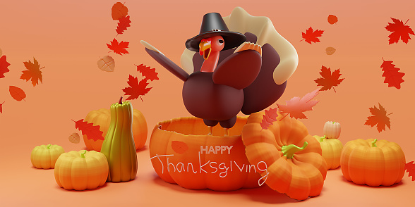Fall creative concept pumpkin matte scene 3D rendering. Thanksgiving seasonal sale design. Autumn art presentation. Trendy holiday decorations with turkey