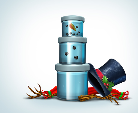 Funny Melted Snowman concept as a snow man melted and stored in a container as fun festive warm winter snowing holiday humor for a seasons greeting or Christmas season celebration and Happy New Year.