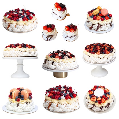 Group of isolated Pavlova cakes with fresh berries and fruit png