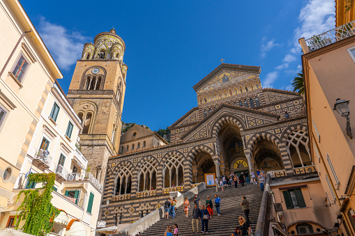 Amalfi, Italy, 29 october 2023 - Basilica of Amalfi seen from the piazza Duomo (Bailica Square)