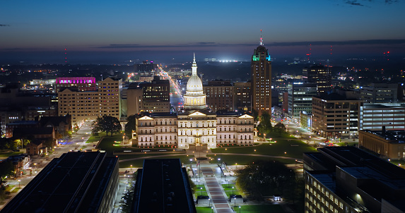 Aerial shot of the Michigan State Capitol Building in Lansing in pre-dawn twilight on a Fall morning. 

Authorization was obtained from the FAA for this operation in restricted airspace.