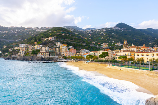 Minori, Italy, 28 october 2023 - Beach and seaside town of Minori on the Italian Amalfi coast